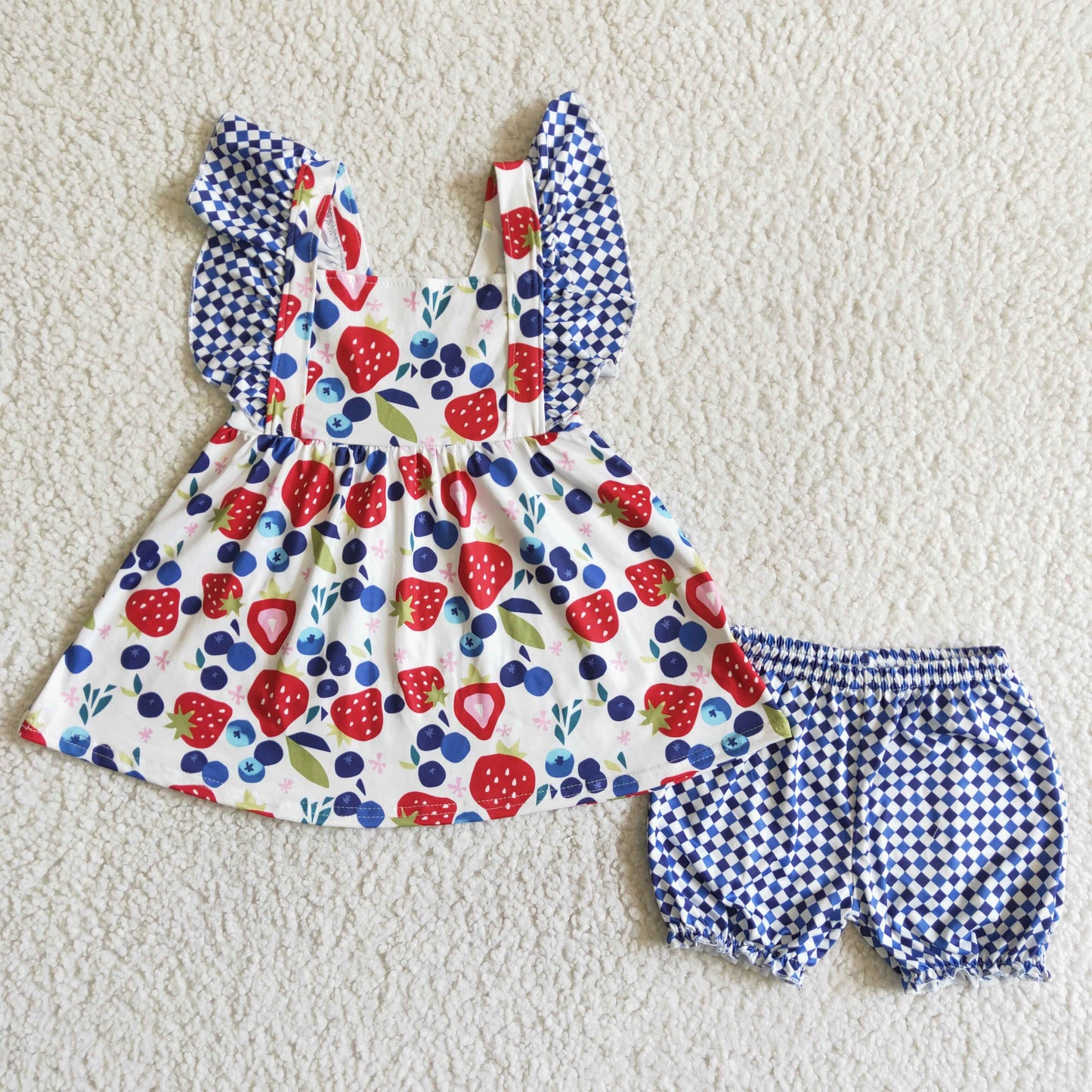 promotion RTS C3-27 Fruits Strawberry & Grape Blue Plaid Red Girls Short Sleeve Shorts Outfits