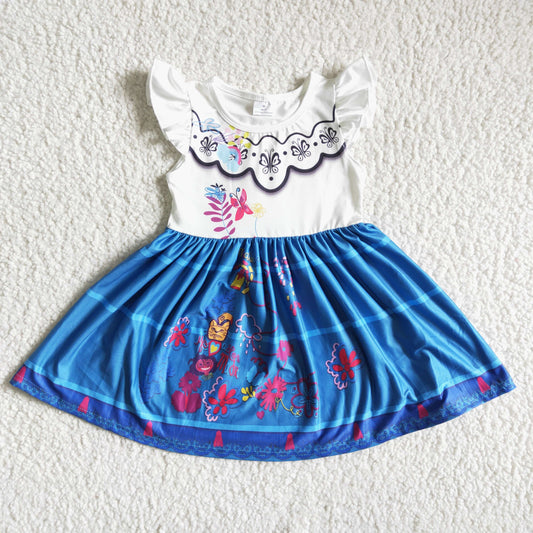 promotion C4-30 RTS Blue Floral En Cartoon Girls Flutter Sleeve Dresses