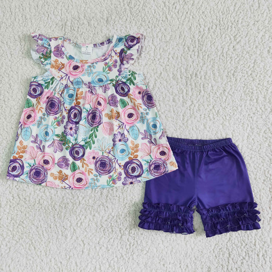 promotion RTS B17-27 Purple Floral Ruffles Girls Flutter Sleeve Shorts Outfits