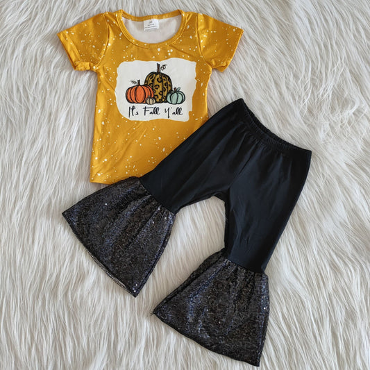 Promotion RTS A2-12 It's Fall Y'all Halloween Pumpkin Black Sequin Girls Short Sleeve Pants Outfits