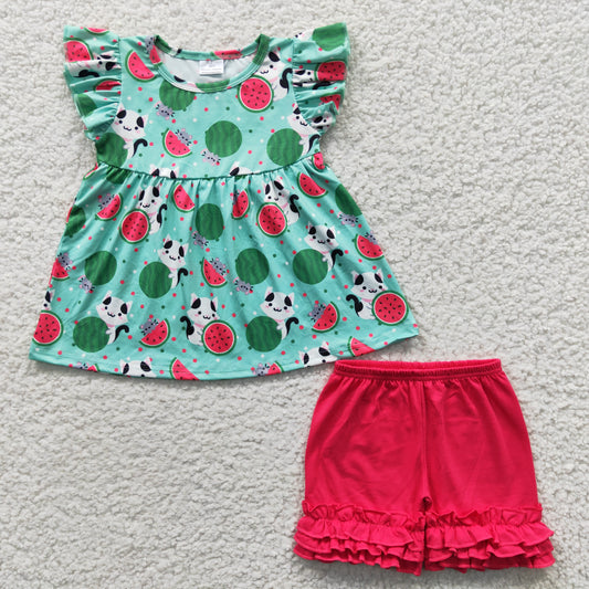 C9-5 Red Green Cat Watermelon Girls Short Sleeve Shorts Outfits
