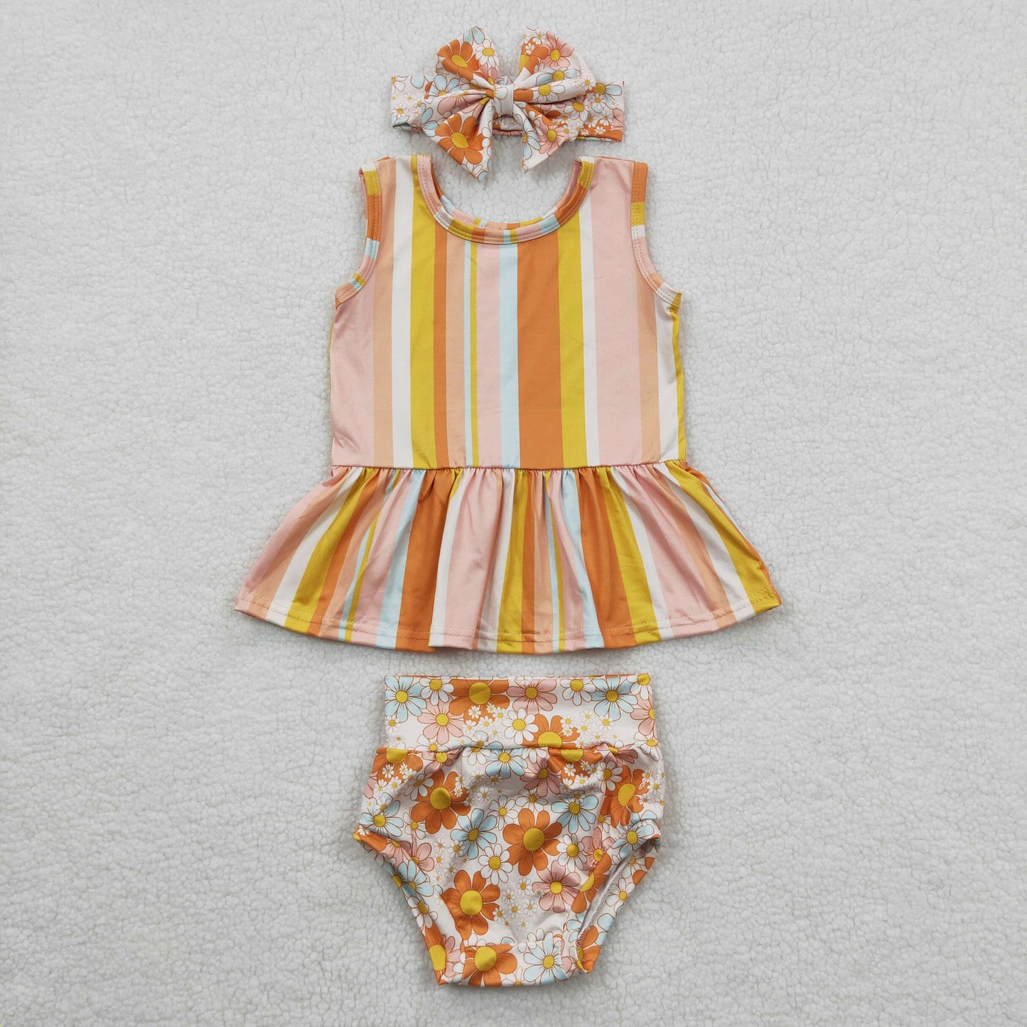 GBO0105 Orange Yellow Floral With Headband Bow 3pcs Girls Short Sleeve Bummies Outfits
