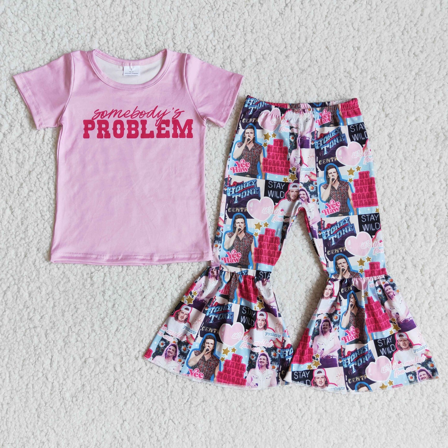 promotion RTS E8-4 Somebaby's Problem Pink With Bow Headband 3pcs Girls Short Sleeve Bell Bottom Pants Outfits