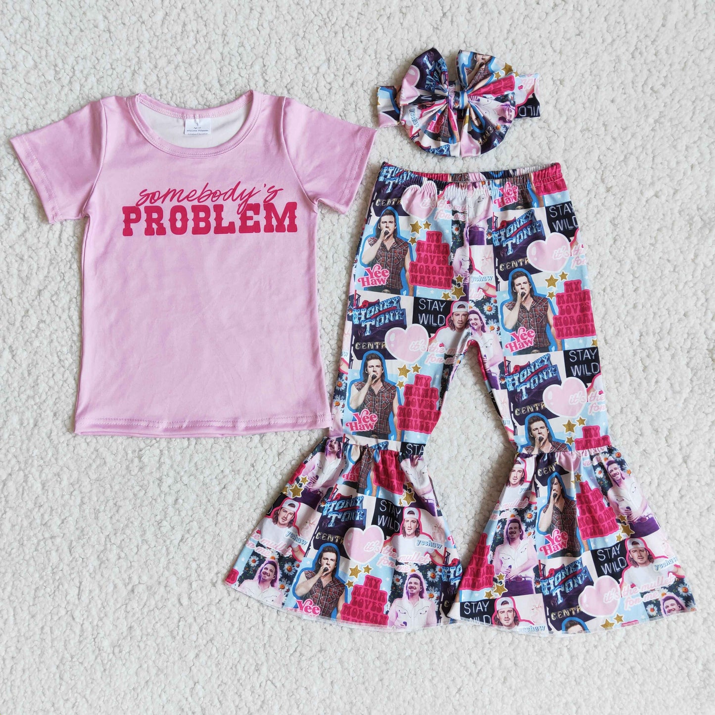 promotion RTS E8-4 Somebaby's Problem Pink With Bow Headband 3pcs Girls Short Sleeve Bell Bottom Pants Outfits