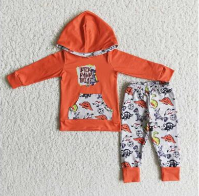 promotion RTS 6 B9-4 Halloween Trick Dinosaur Orange Cartoon Pockets Boys Long Sleeve Hoodies Outfits
