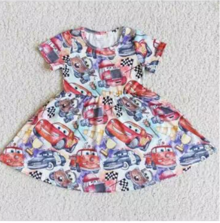 Clearance D3-2 Red Blue Car Cartoon Girls Short Sleeve Dresses
