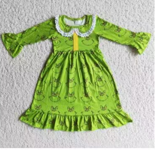 6 A14-30 Christmas Green Cartoon Lace Collar Girls Long Sleeve Dresses