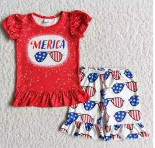 D9-17 4th Of July Red Blue Bleach Flag Glasses Girls Short Sleeve Shorts Outfits