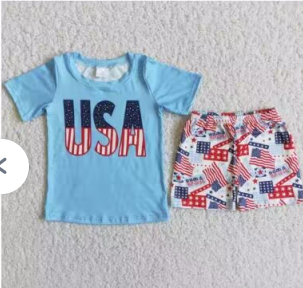D11-19 4th Of July Blue Red Usa Boys Short Sleeve Shorts Outfits