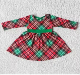 Clearance 6 A8-19 Christmas Green Red Plaid Girls Long Sleeve Dresses