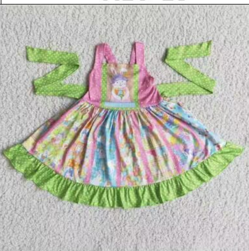 promotion RTS A16-13 Easter Rabbit Green Pink Belt Patchwork Girls Short Sleeve Dresses