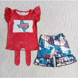 promotion RTS C0-1 4th Of July Red Blue Girls Flutter Sleeve Shorts Outfits