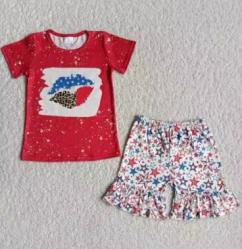 promotion RTS B18-15 4th Of July Red Blue Mouth Star Girls Short Sleeve Shorts Outfits
