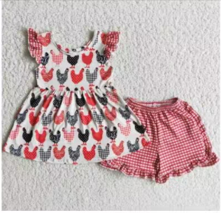 promotion RTS A3-22 Red Black Chicken Plaid Girls Short Sleeve Shorts Outfits