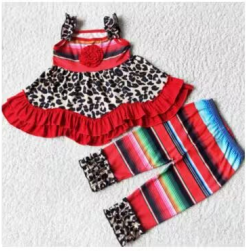 Clearance D3-18 Red Leopard Stripes Tunic Patchwork Girls Short Sleeve Bell Bottom Pants Outfits