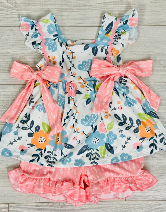 GSSO0241 Pink Blue Floral Girls Short Sleeve Shorts Outfits