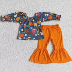 promotion RTS 6 A2-29 Halloween Pumpkin Orange Floral Tunic Girls Long Sleeve Pants Outfits