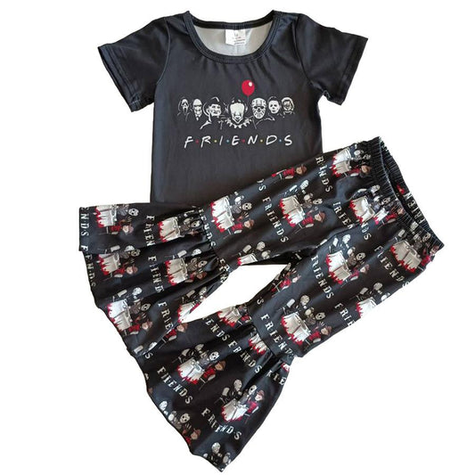 Promotion RTS A1-23 Newborn Kids Clothing Halloween Short Sleeve Cartoon Print Bell-bottom Girls Clothing