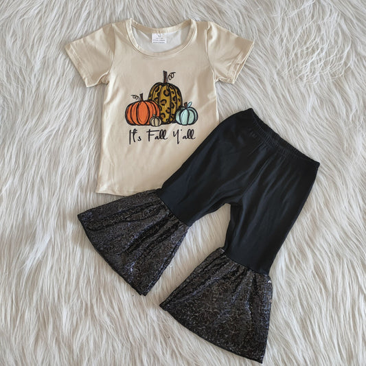 Promotion RTS A0-11 Halloween Pumpkin Leopard It's Fall Y'all Black Sequin Girls Short Sleeve Bell-bottom Pants Outfits