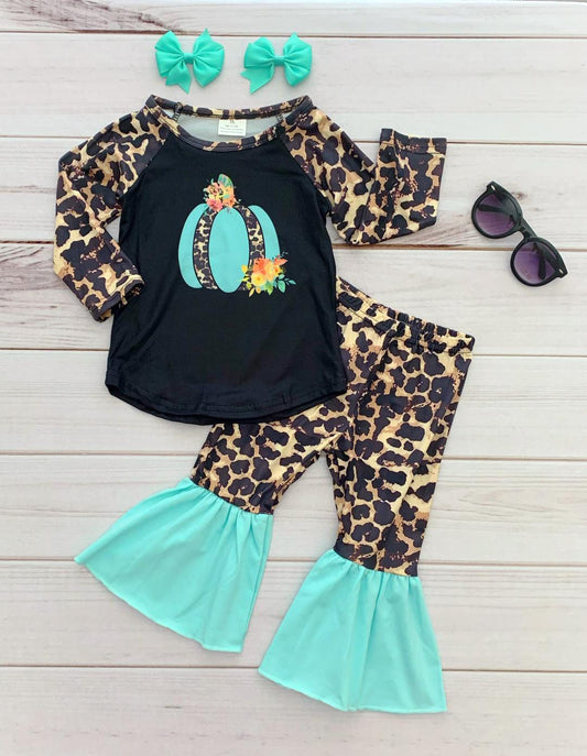 promotion RTS 6 A13-15 Blue Leopard Pumpkin Girls Long Sleeve Bell Bottom Pants Outfits