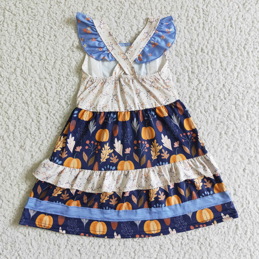 GSD0123 Halloween Pumpkin Floral Blue Patchwork Girls Short Sleeve Dresses