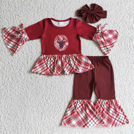 GLP0202 Christmas Deer Red Plaid 3Pcs With Headband Bow Girls Long Sleeve Bell Bottom Pants Outfits