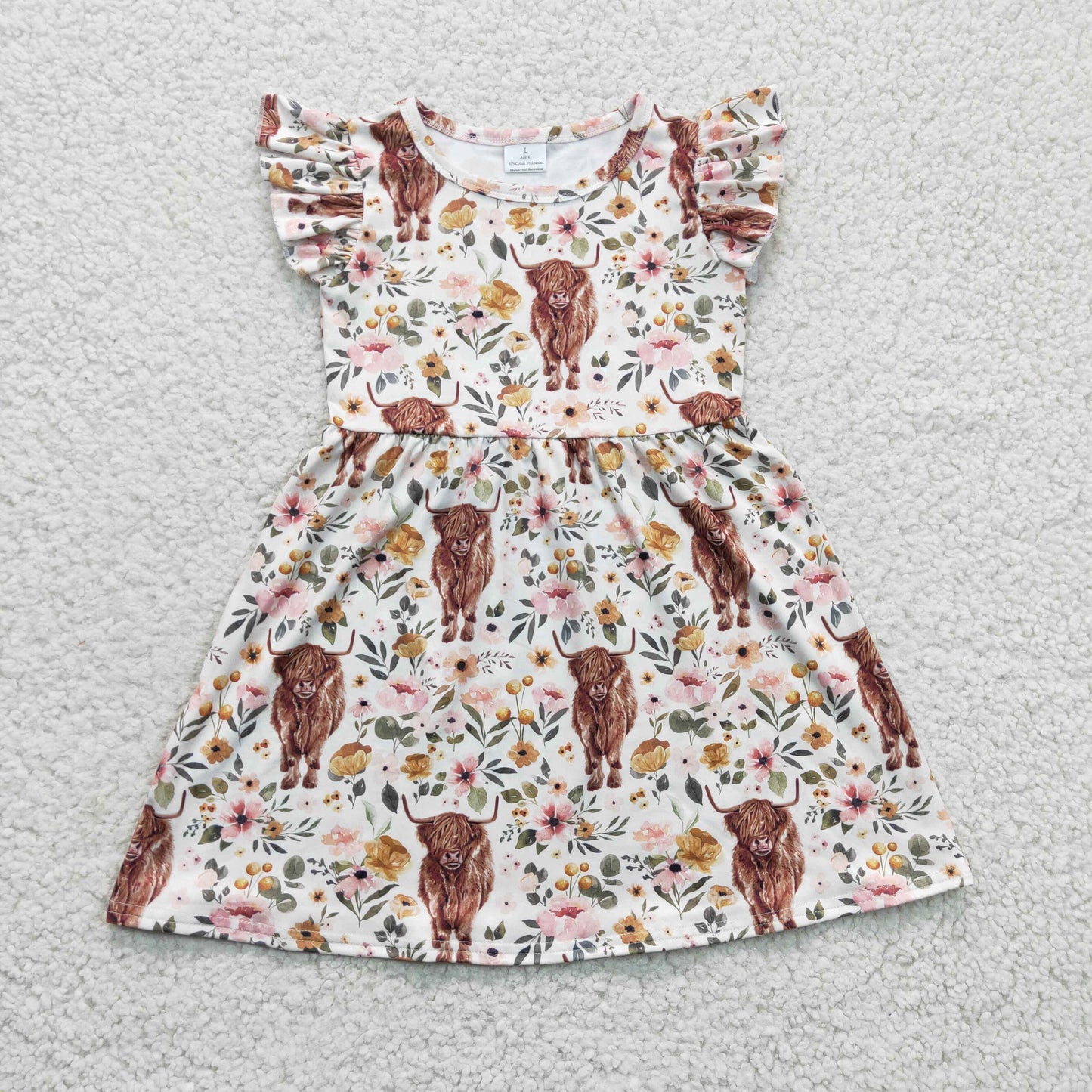 GSD0158 Pink Floral Highland Cow Girls Short Sleeve Dresses