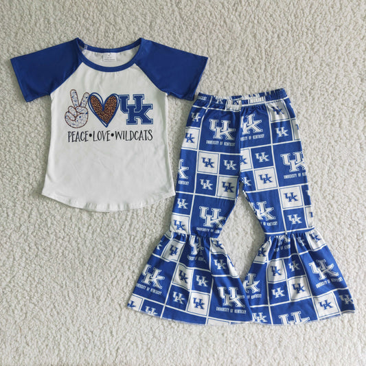 GSPO0028 Peace Love UK Blue Football Team Leopard Girls Short Sleeve Bell Bottom Pants Outfits
