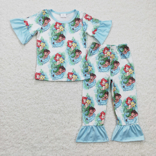 GSPO0394  Blue Mermaid Cartoon Girls Short Sleeve Pants Outfits Pajamas