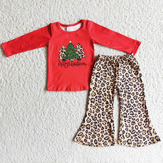 Promotion RTS 6 A4-19 Merry Christmas Tree Leopard Red Girls Long Sleeve Bell Bottom Pants Outfits