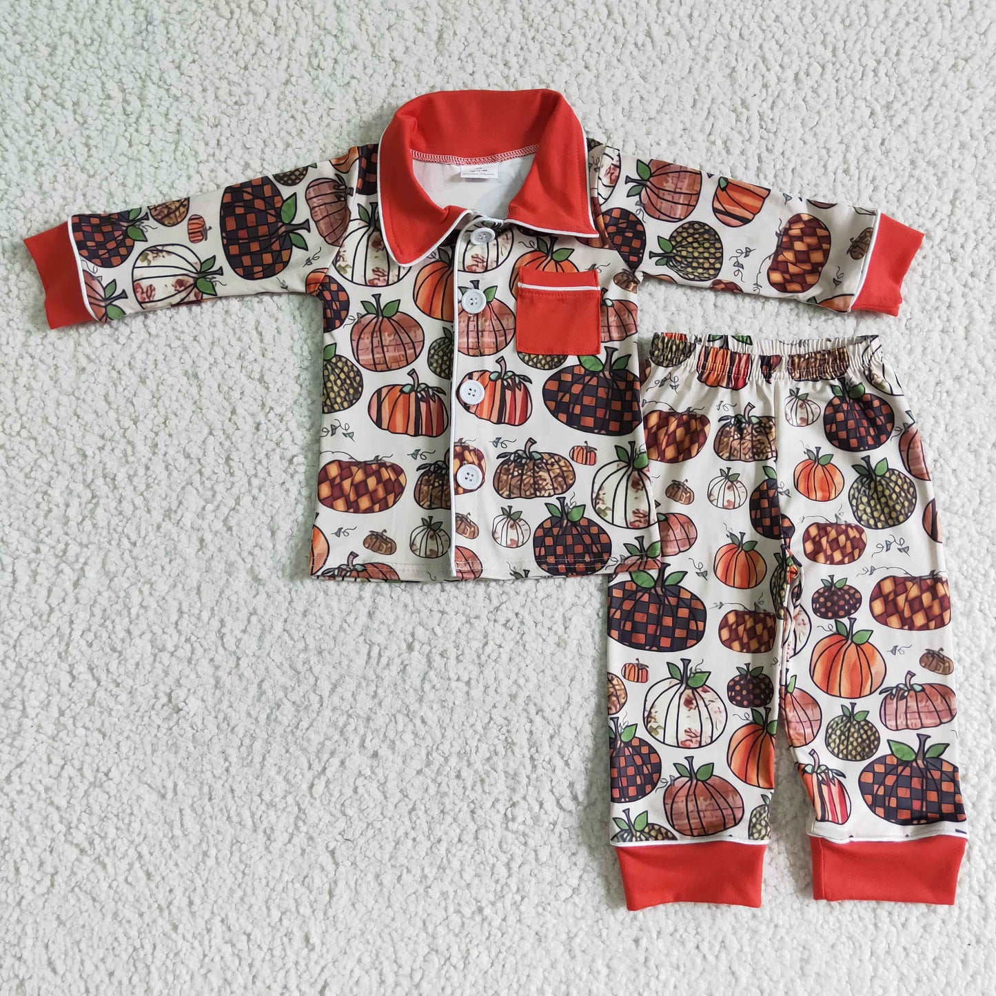 BLP0007 Halloween Pumpkin Red Pocket Collar Boys Long Sleeve Pajamas