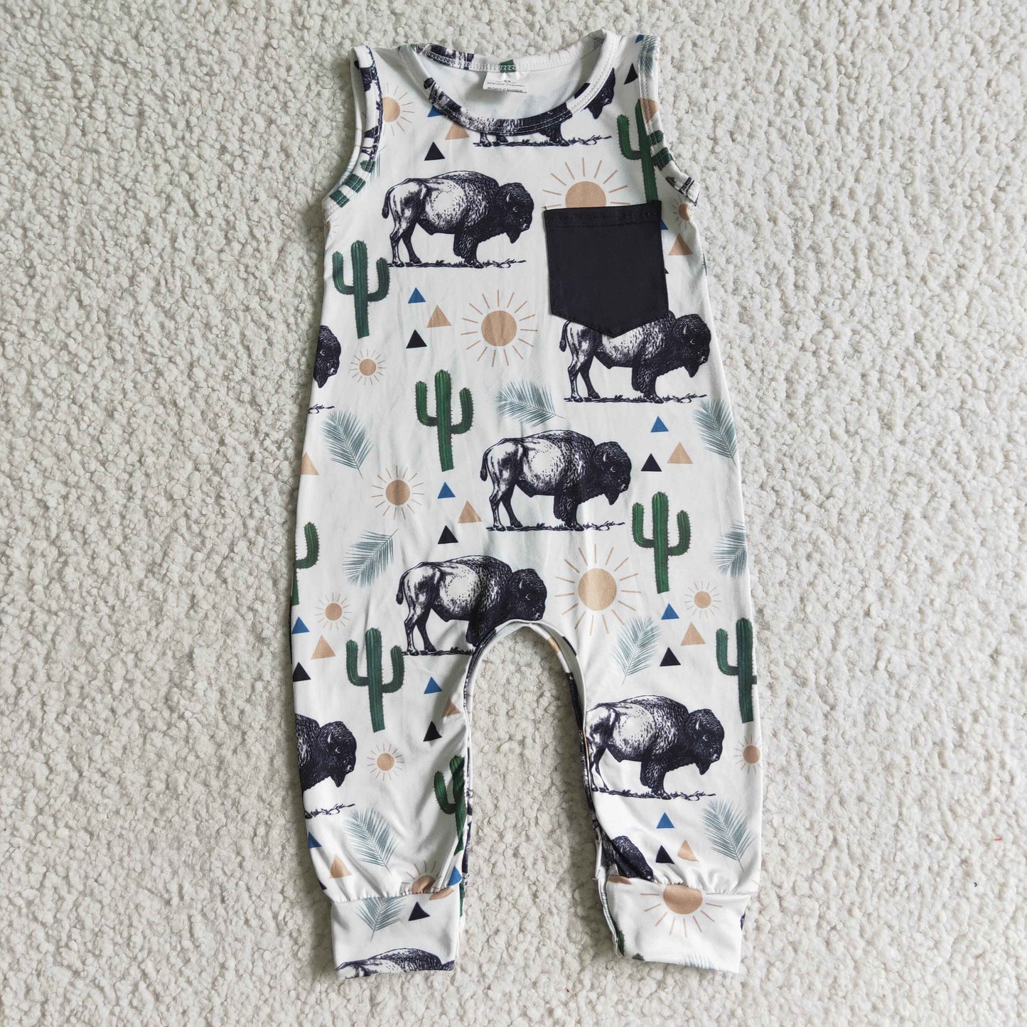 SR0071 Green Sun Highland Cow Cactus Western Boys Sleeveless Romper