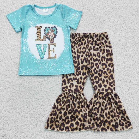 GSPO0330 Blue Bleach Leopard Love Cow Girls Short Sleeve Bell Bottom Pants Outfits
