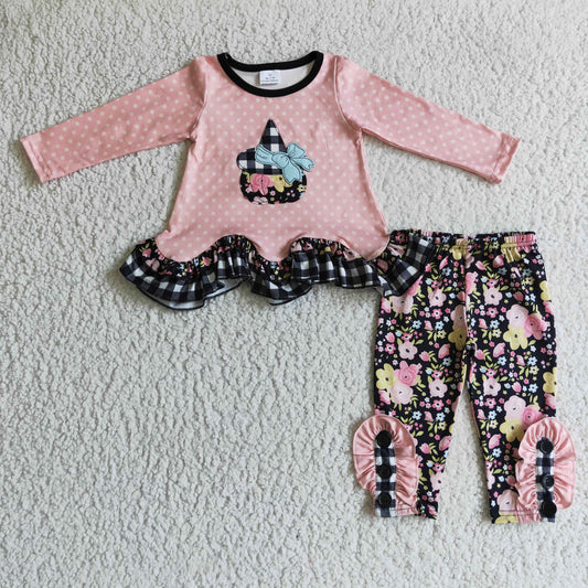 GLP0205 Halloween Pumpkin Floral Pink Embroidery Tunic Girls Long Sleeve Pants Outfits