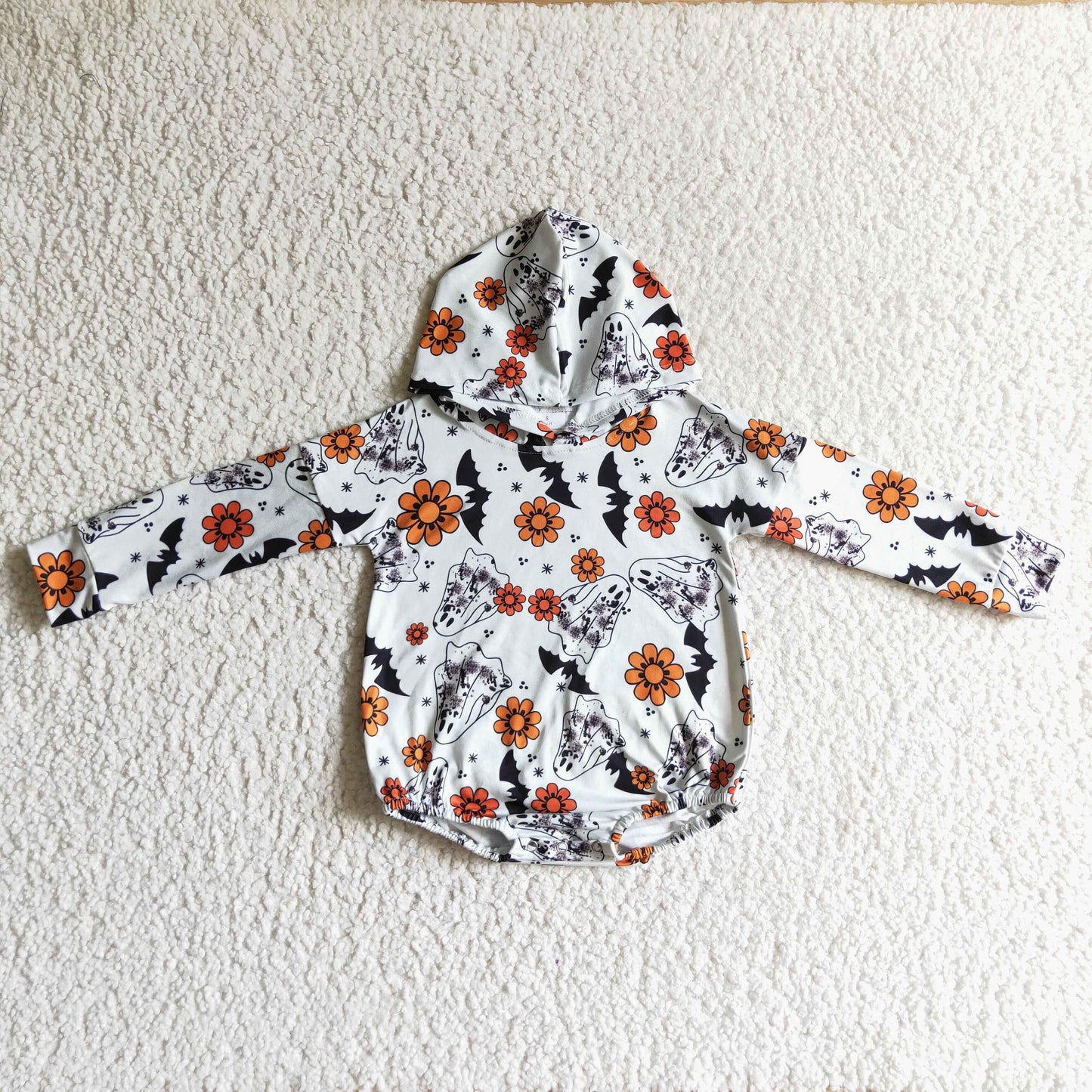 LR0160 Halloween Orange Bat Ghost Cartoon Hoodies Girls Long Sleeve Romper