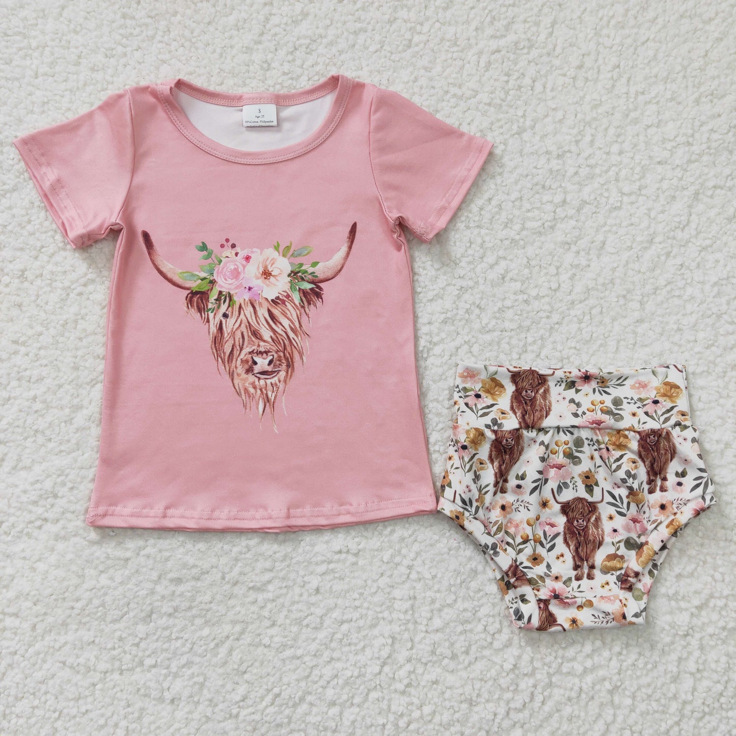 promotion RTS GBO0074 Pink Highland Cow Floral Girls Short Sleeve Bummies Outfits