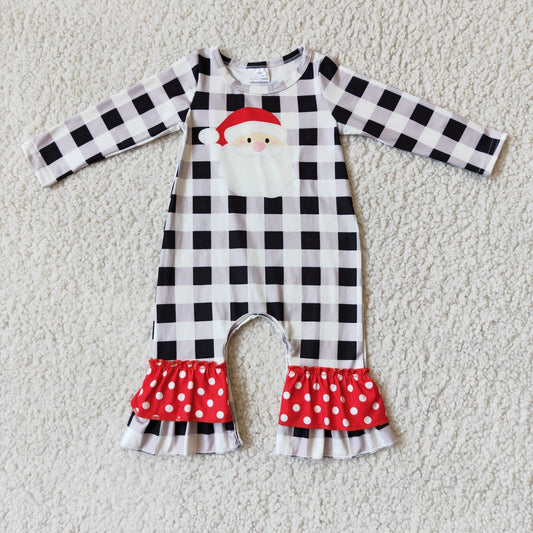 Clearance 6 A15-5 Christmas Santa Red Blue Plaid Ruffles Girls Long Sleeve Romper