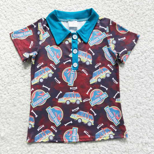 BT0136 Blue Dinosaur Park Cartoon Boys Short Sleeve Top Collar T-Shirts