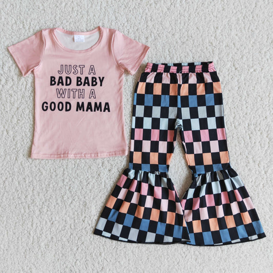 promotion RTS E8-28 Pink Just A Bad Baby With A Good Mama With Bow Headband 3pcs Girls Short Sleeve Bell Bottom Pants Outfits