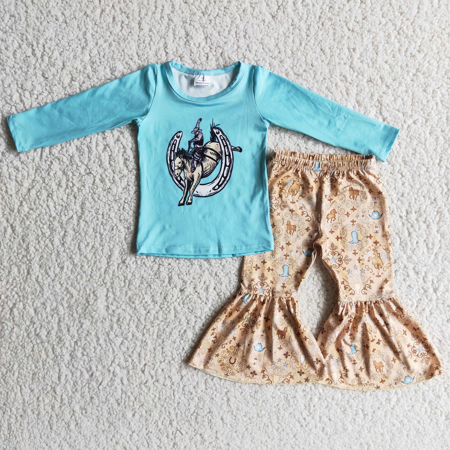 promotion RTS 6 A4-3 Blue Rodeo Western Cowboy Girls Long Sleeve Bell Bottom Pants Outfits