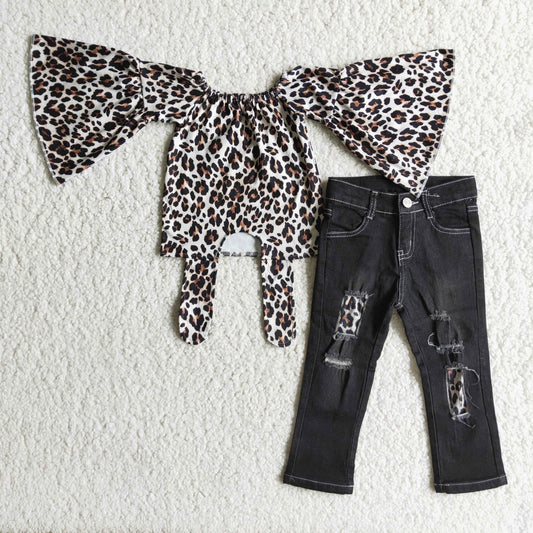 Hot Sale Leopard Print Big Ruffle Adorable Top Match Jeans Kids Outfits