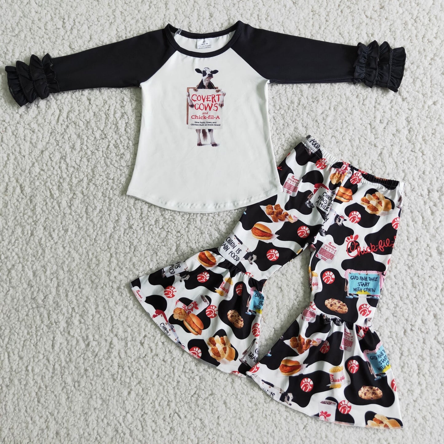 Casual Cow Print Long Black Raglan Sleeve Bell-bottom Pants Set
