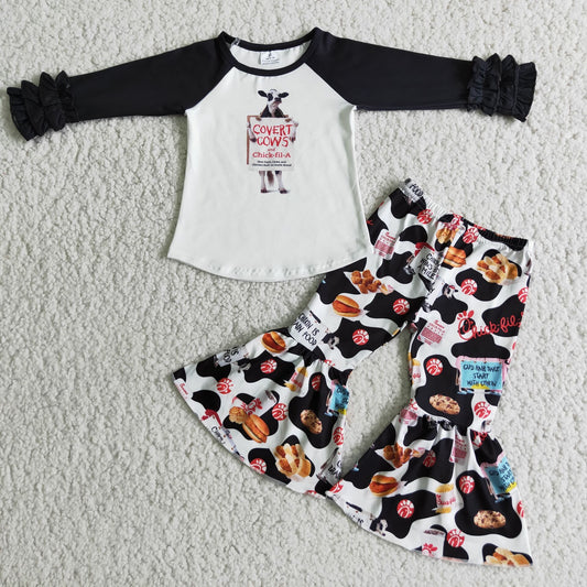 Casual Cow Print Long Black Raglan Sleeve Bell-bottom Pants Set