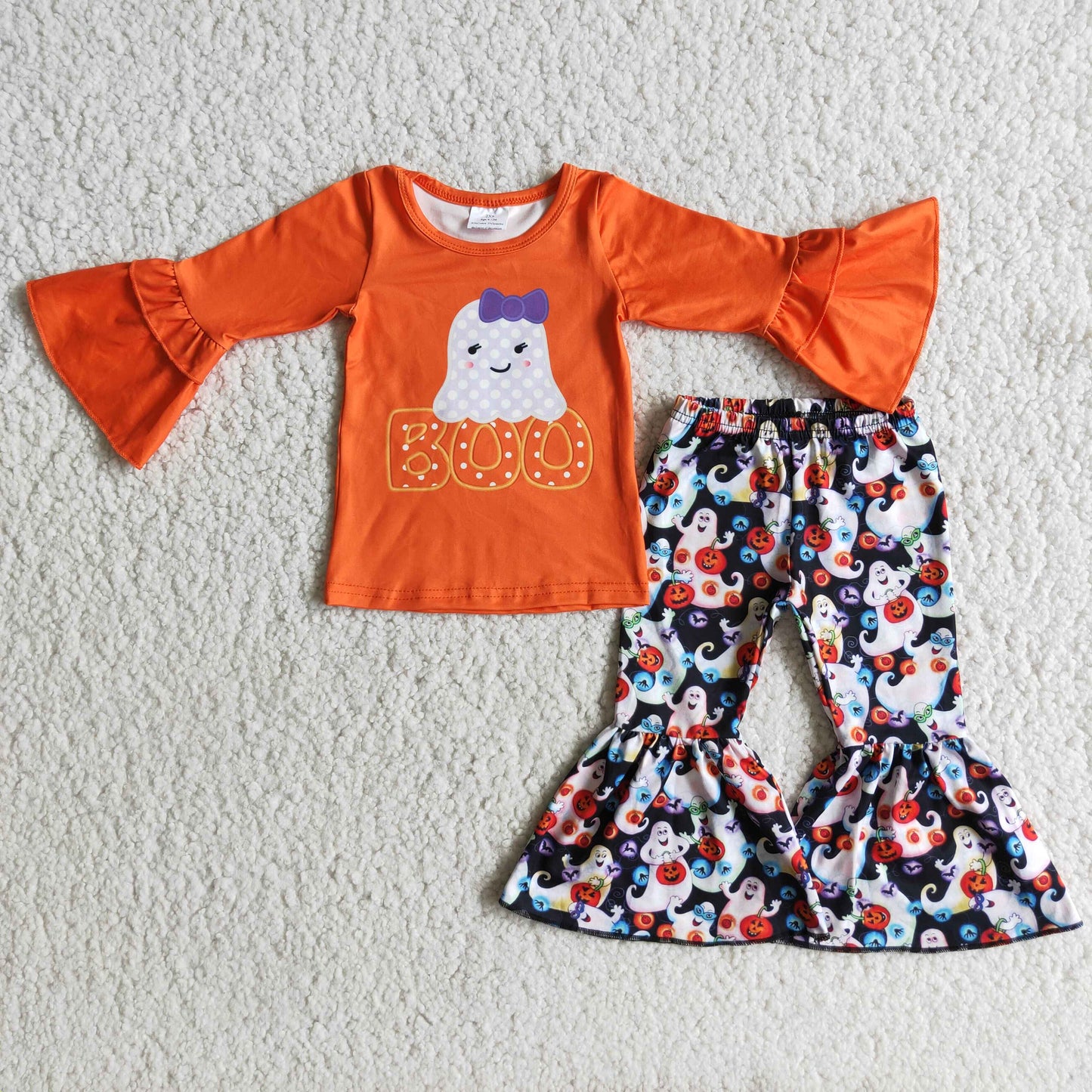 promotion RTS 6 A2-26 Halloween Lovely Ghost Print BOO Pumpkin Girls Long Sleeve Bell Bottom Pants Outfits
