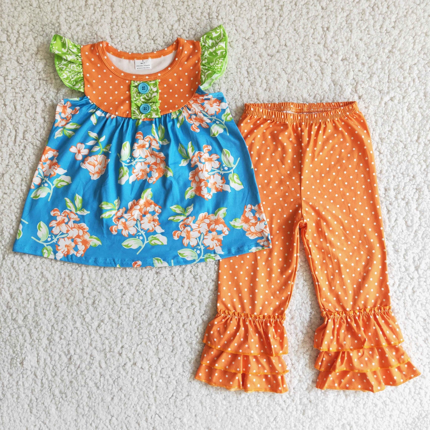 Fall Floral Print Short Sleeve Dots Ruffles Pants Set