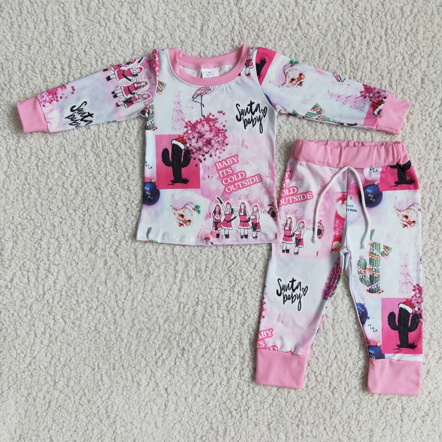 Clearance 6 A17-4 Christmas Pink Santa Girls Long Sleeve Pants Outfits Pajamas