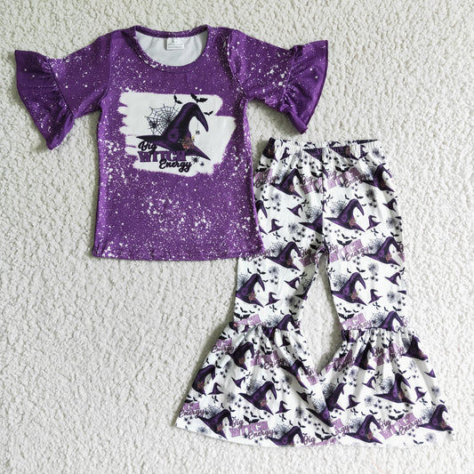 GSPO0094 Halloween Purple Witch Hat Girls Short Sleeve Bell Bottom Pants Outfits