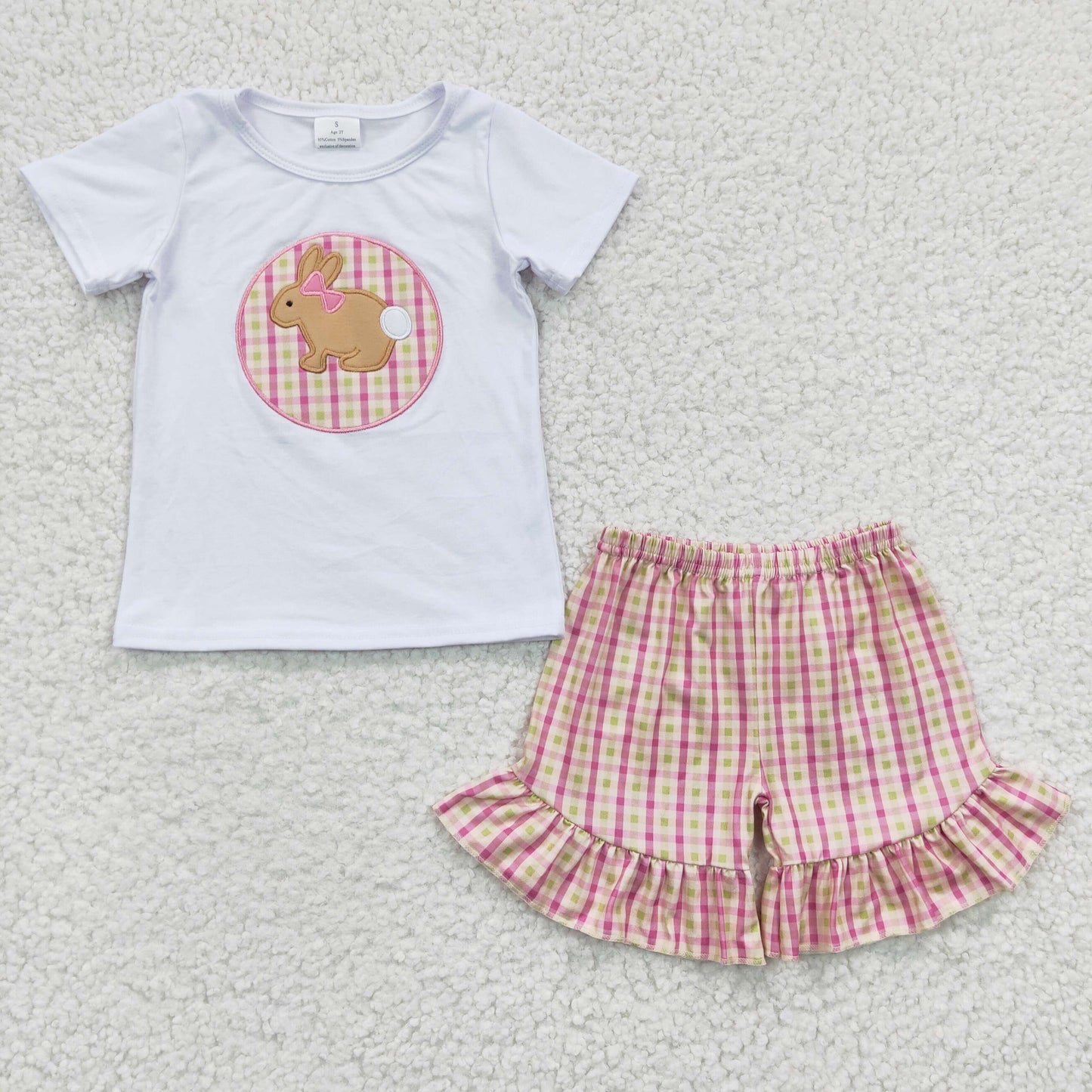 GSSO0158 Easter Rabbit Pink Plaid Embroidery Girls Short Sleeve Shorts Outfits