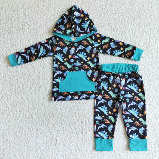 Clearance BLP0055 Blue Dinosaur Cartoon Boys Long Sleeve Hoodies Outfits