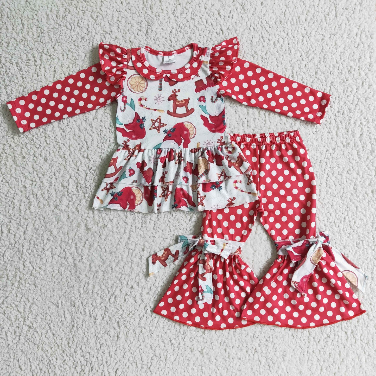 GLP0269 Christmas Red Dots Santa Reindeer Ruffles Bow Girls Long Sleeve Bell Bottom Pants Outfits